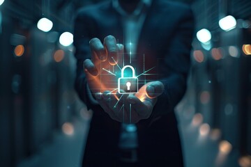 Businessman displaying holographic padlock symbol for data security in photography shot