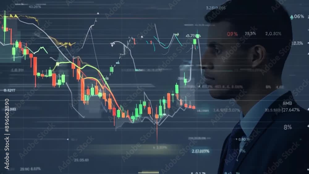 Poster a man in a suit looks on at a screen displaying stock market data, including a red line representing