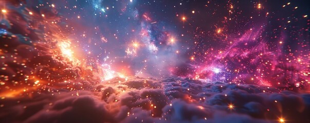 Fototapeta premium Vibrant Fireworks Spectacle Illuminating the Night Sky in a 3D Rendered Realistic Scene