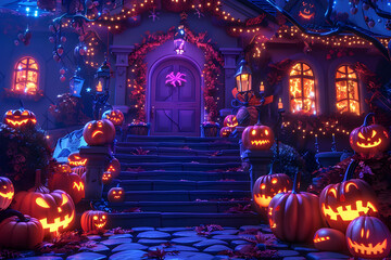 Obraz premium A spooky Halloween scene featuring glowing pumpkins, colorful lights, and a haunted house, perfect for festive decorations.