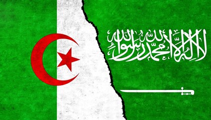 Saudi Arabia and Algeria flags together on wall. Algeria Saudi Arabia relations, economy, conflict, agreement concept