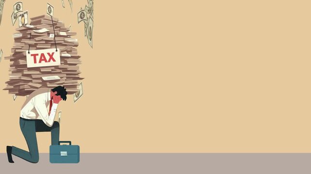 Animation depicting a man feeling overwhelmed by a large pile of tax paperwork, symbolizing financial stress and burden.
