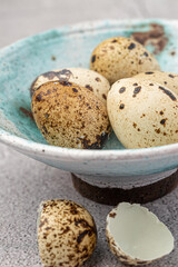 Easter quail eggs.  Spring background with small easter quail eggs. Vintage photo processing