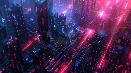 Obraz premium Futuristic Smart Cyber City illustration: Innovative Urban Landscape in Digital Circuitry, futuristic technology concept, Graphic Resources, Wallpapers, Brochure, Websites, banner design, Advertising,