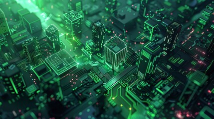 Fototapeta premium Futuristic Smart Cyber City illustration: Innovative Urban Landscape in Digital Circuitry, futuristic technology concept, Graphic Resources, Wallpapers, Brochure, Websites, banner design, Advertising,