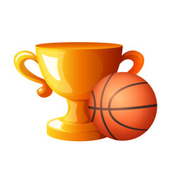 Golden cup and basketball. Vector clipart isolated on white background.