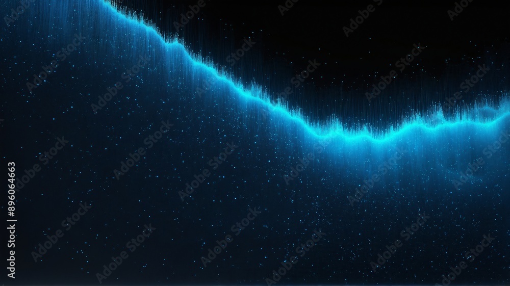 Poster an abstract depiction of a luminous blue wave rippling through the darkness of space, punctuated by 