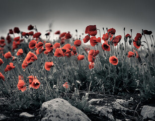 Vintage graphic black and white partisan poster of a field with red poppies growing from the ground