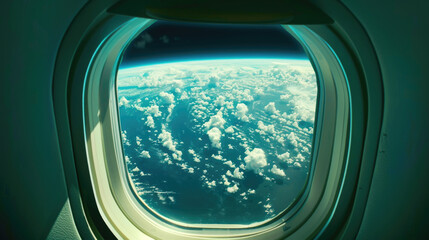 A view of Earth's surface through an airplane window, showing clouds and ocean