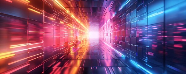 Vibrant 3D abstract background with neon lights and geometric shapes, futuristic digital art, modern aesthetics