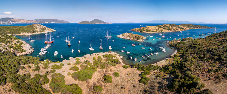 Aerial view of Paradise Cove with boats and sailboats, Aegean Sea, Bodrum, Turkey.