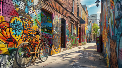 Fototapeta premium A vibrant urban alleyway covered in colorful graffiti art, with a bicycle leaning against a brick wall, showcasing the dynamic street culture and creativity