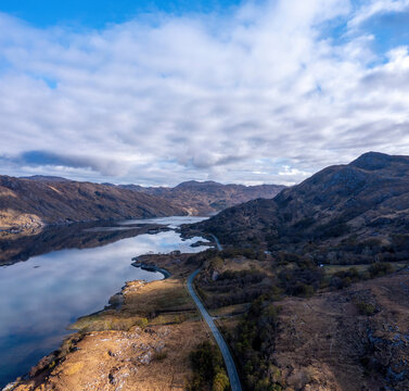 Aerial view of tranquil Loch Ailort with majestic mountains and serene lake, Lochailort, Scotland, United Kingdom.