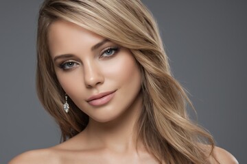 Naklejka premium A portrait photograph of a woman with long, blonde hair and green eyes. She is wearing a simple outfit and has a soft smile on her face. The background is a plain grey