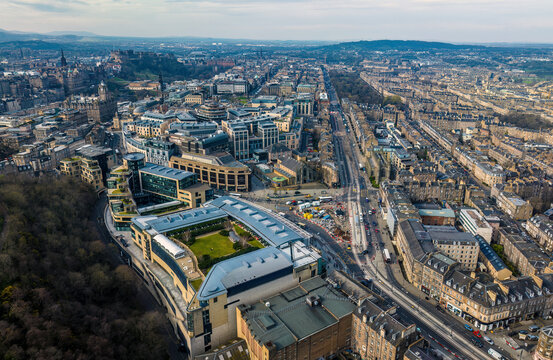 Aerial view of Edinburgh cityscape with rooftops, streets, and roads, Omni Centre, Edinburgh, Scotland.