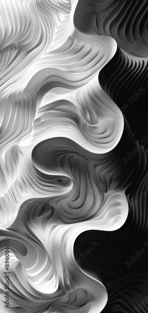 Poster Abstract black and white 3D art with flowing curves and intricate texture