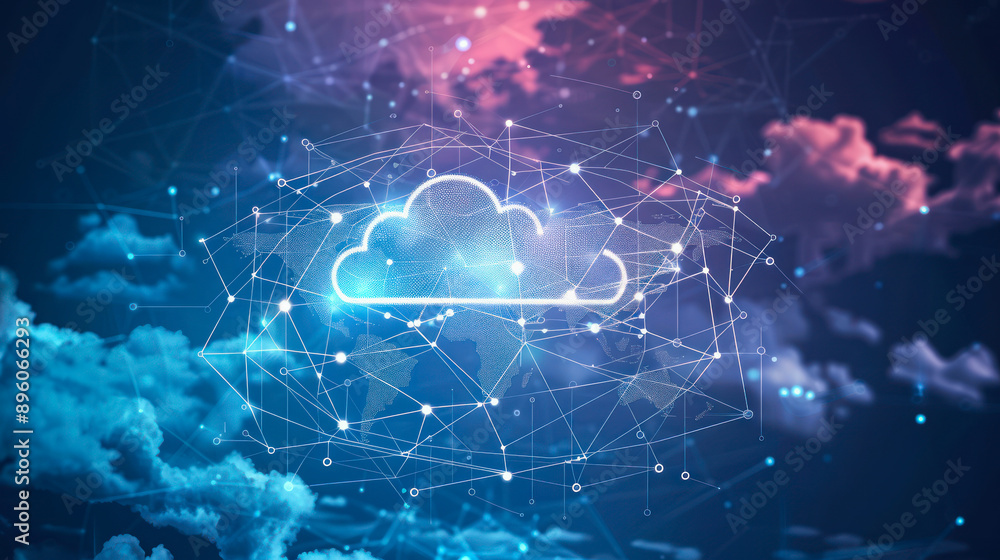 Poster digital cloud on in neon lights. serverless technology on hybrid cloud network with modern digital i