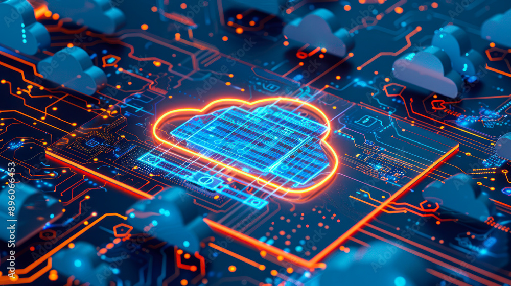 Poster digital cloud on in neon lights. serverless technology on hybrid cloud network with modern digital i