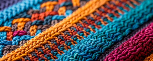 Woven fabric texture background with intricate patterns and vibrant colors, cozy and detailed