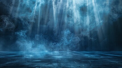 Naklejka premium Dark street, wet asphalt, reflections of rays in the water. Abstract dark blue background, smoke, smog. Empty dark scene, neon light, spotlights. Concrete floor