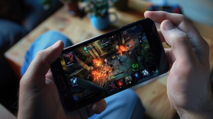 A mobile gaming scene with smartphones and tablets showcasing vibrant graphics and engaging gameplay experiences.