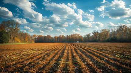 Plowed farmland with clear sky and autumn trees.