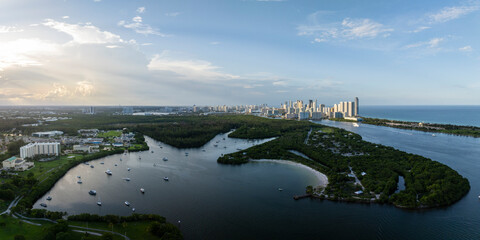 Aerial view of Biscayne Bay and Oleta River State Park, North Miami, Florida, United States.