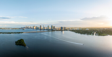 Aerial view of Miami skyline over Biscayne Bay and Oleta River State Park, Florida, United States.