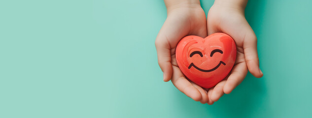 Holding a heart with a happy smiling face, mental health concept, positive thinking mind and attitude, support and self esteem, love and emotion