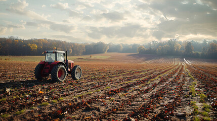 Farm tractor in an autumn field with cloudy sky