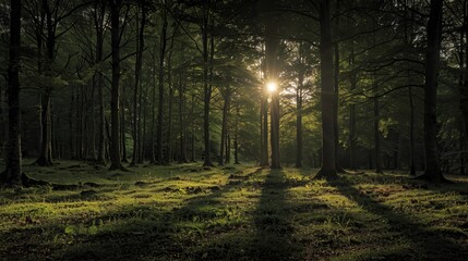 Fototapeta premium Sunlight streams through a dense forest, casting long shadows on the mossy ground.