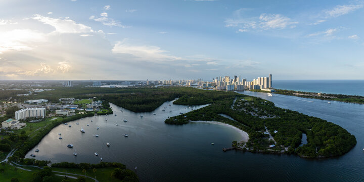 Aerial view of Biscayne Bay and Oleta River State Park, North Miami, Florida, United States.