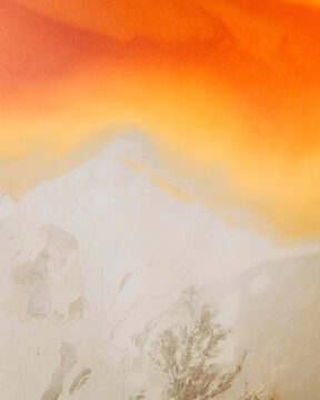 Aerial view of vibrant orange and yellow mining site at Minas de Rio Tinto, Copper Mine, El Campillo, Huelva, Spain.