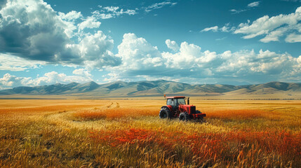Fototapeta premium Red tractor in golden fields against mountain backdrop