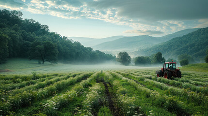 Naklejka premium Tractor working in a field surrounded by misty hills.
