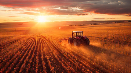 Fototapeta premium Tractor cultivating field covered in golden summer light