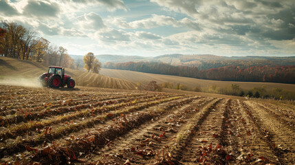 Tractor tilling autumn fields under expansive cloudy sky
