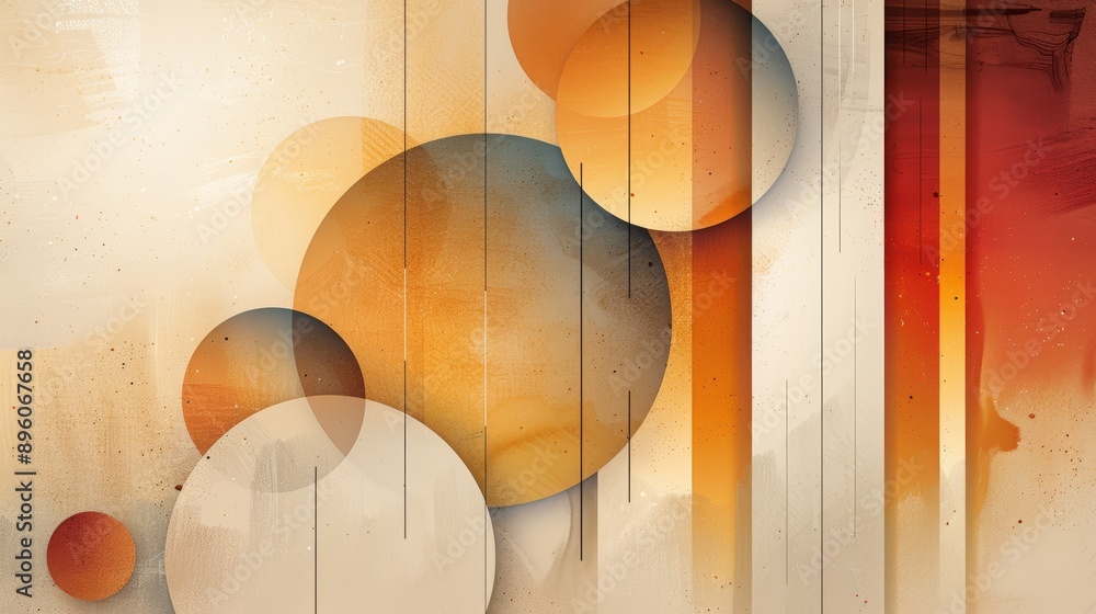 Poster abstract art with overlapping circles and vertical lines in warm colors of orange, yellow, and brown
