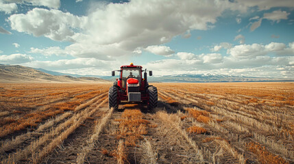 Obraz premium Tractor on a field with cloudy sky and mountains