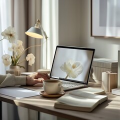 Modern home office setup with a laptop and minimalistic decor