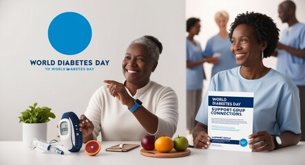 This picture is for world diabetes day celebration, showing a medical practitioner with educating materials and some healthy fruits.