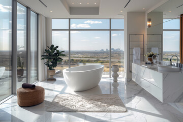 Fototapeta premium Modern bathroom with tall windows showing city view. Freestanding bathtub on marble floor, vanity enhancing contemporary style