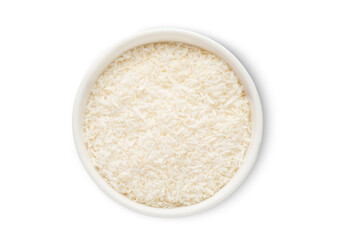 Bowl with sweet dried organic coconut flakes isolated on white background.Top view.