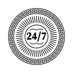 Fototapeta premium 24 7 service badge. Circular Greek key border. Black and white vector emblem. Continuous support symbol.