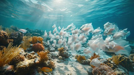 Naklejka premium A vibrant underwater scene with a school of fish swimming over a colorful coral reef. Sunlight streams through the crystal clear water.