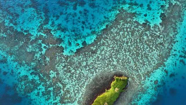 Aerial view of vibrant coral reef island in turquoise ocean, Eastern Fiji.