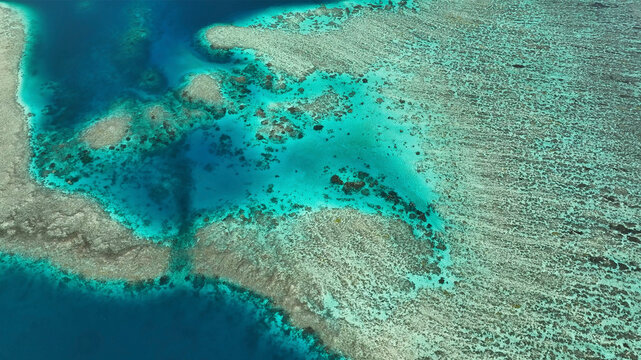 Aerial view of tropical island with reef and ocean, Fiji.