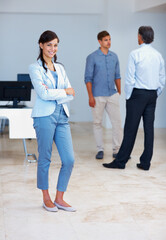 Fototapeta premium Confident, professional and woman with portrait in office for ambition, smile and career experience as finance consultant. Happy, female accountant and arms crossed for pride, opportunity and growth