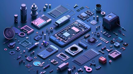 A collection of electronic components and devices arranged around a smartphone on a blue background.