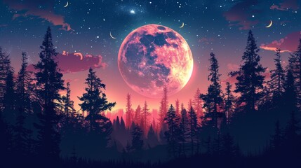 A full moon hangs large and red in the night sky above a dark forest, bathed in its glow.  The moon is surrounded by a field of stars.